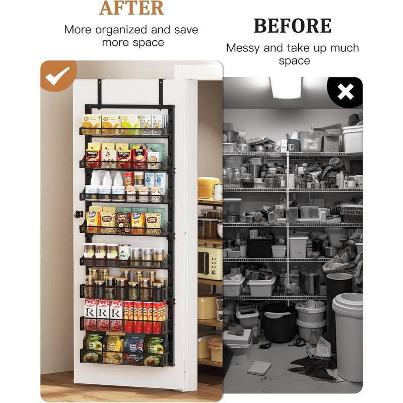 8-Tier Over the Door Pantry Organizer, Large Metal Door Spice Rack with Adjustable Basket - 6.4"D x 17"W x 70"H