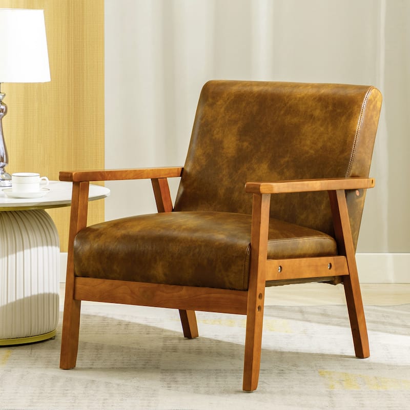 Padded Seat Wooden Lounge Armchair - Yellowish Brown