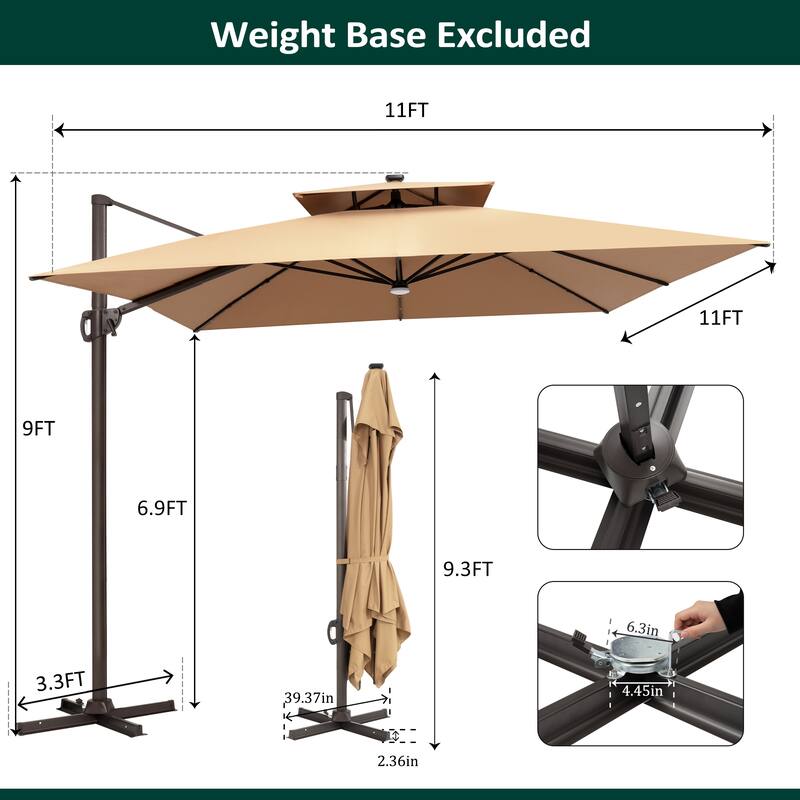 11 FT Square Outdoor Patio Cantilever Umbrella with Solar Lights Double Canopy 360 Rotation Tilt
