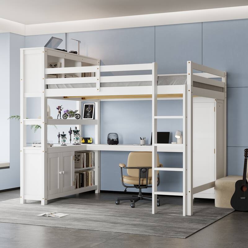 Wood Loft Bed with Cabinet and Bookshelf, Queen Size Loft with Wardrobe and Desk for Kids