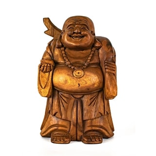 Wooden Traveling Happy Buddha Statue Hand Carved Smiling Sculpture Handmade Figurine Decorative Home Decor Wood Accent