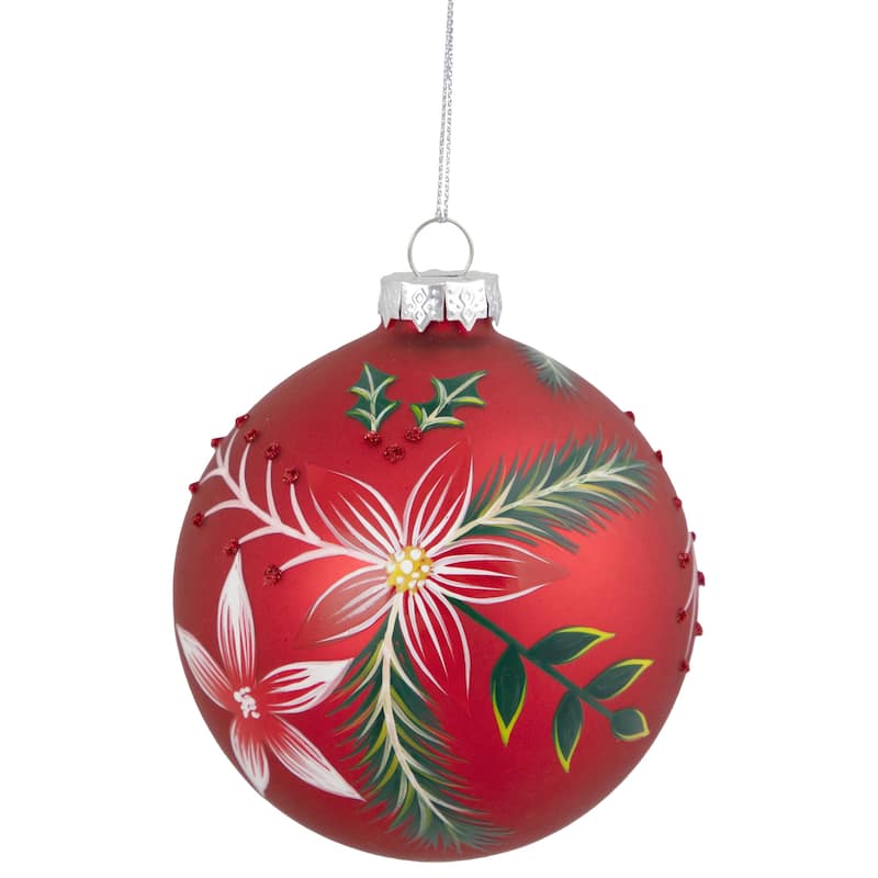 Poinsettia and Holly Glass Christmas Ball Ornament - 4" - Red