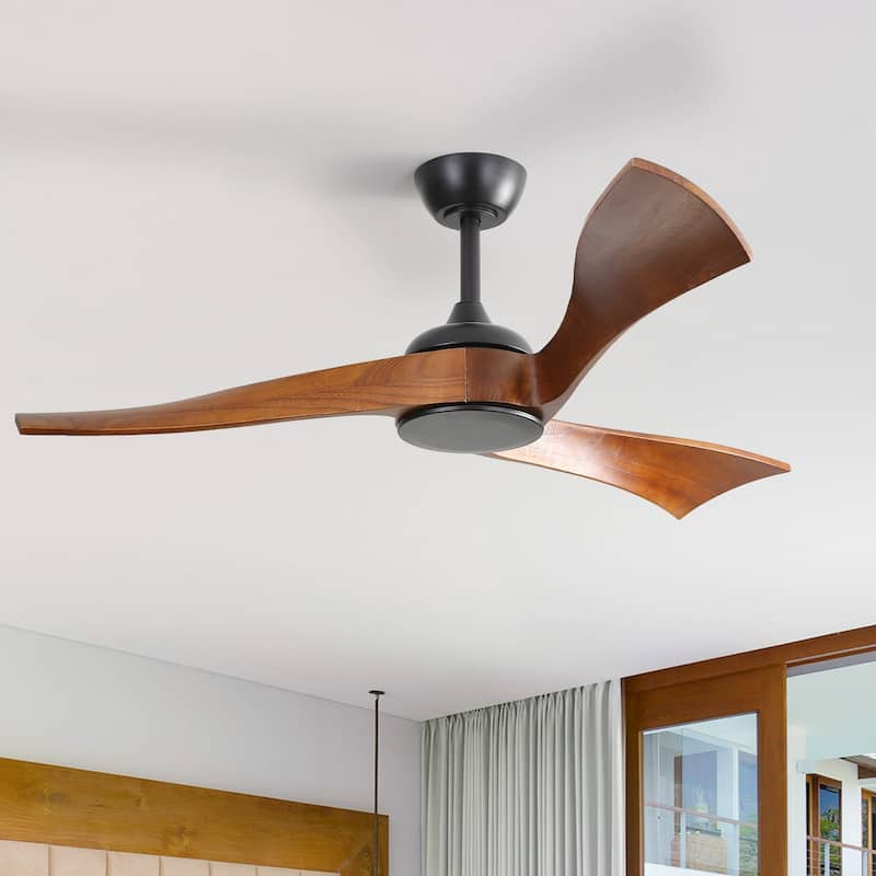 52" Solid Wood Noiseless 3-Blade Ceiling Fans with Dimmable LED Light Optional and Remote, 6-Speed Reversible DC Motor - Black with Brown Solid wood Blades/Withoutlights