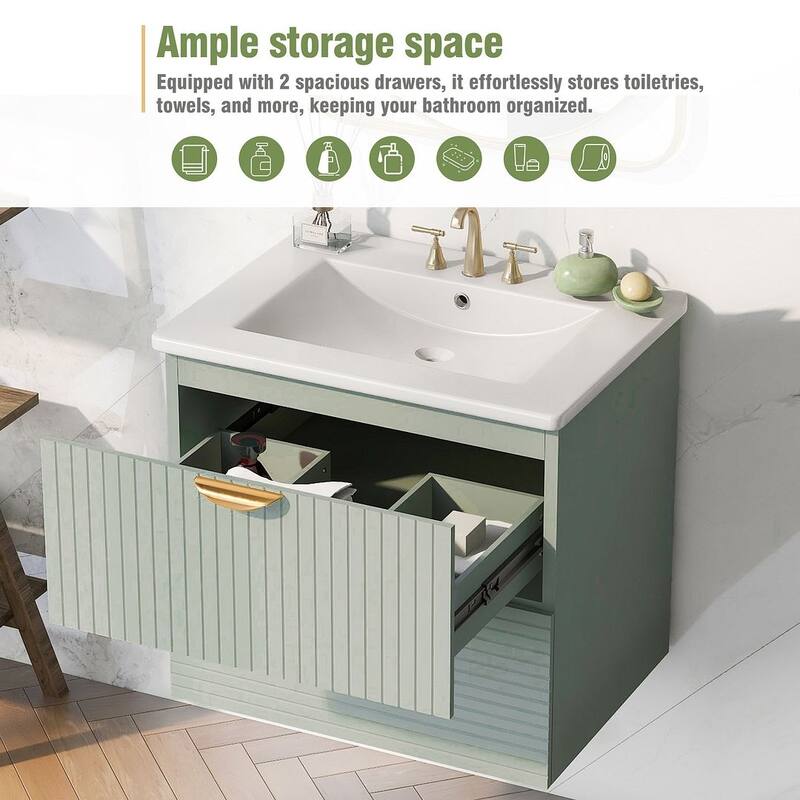 24” Modern Wall Mounted Bathroom Vanity with Ceramic Sink and 2 Drawers