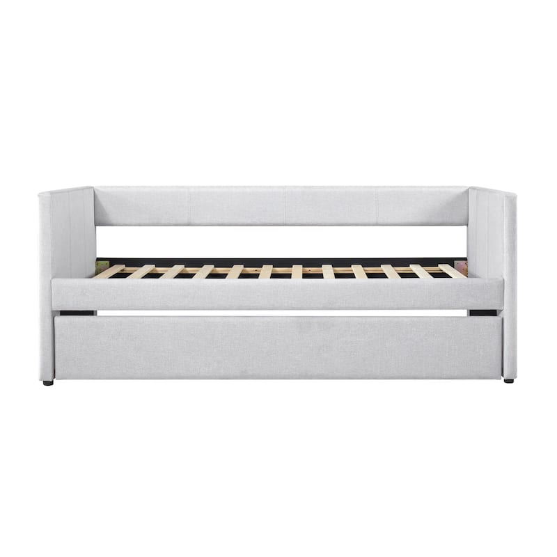 1pc Daybed with Trundle Beige Fabric Upholstery Wooden Frame