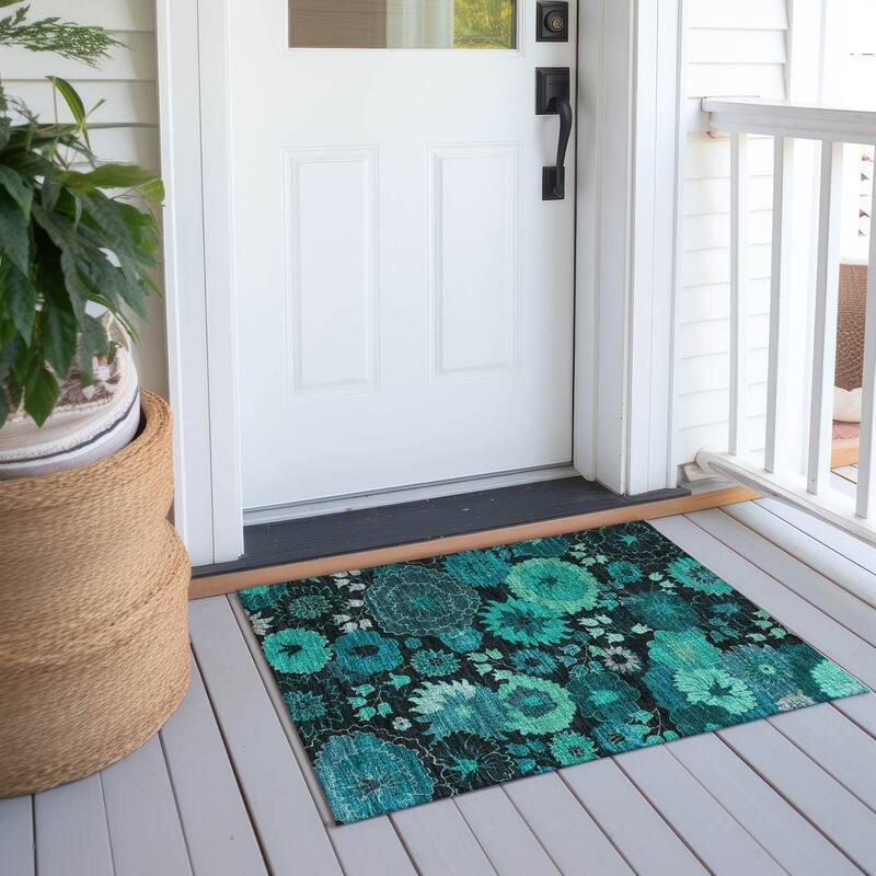 Machine Washable Indoor/ Outdoor Modern Floral Chantille Rug - Teal - 1'8" x 2'6"