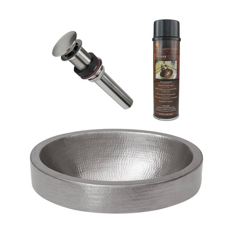 17" Compact Oval Skirted Vessel Hammered Copper Sink in Nickel, Matching Drain and Accessories