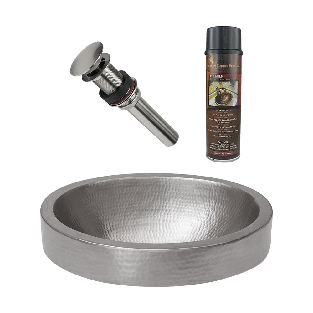 17" Compact Oval Skirted Vessel Hammered Copper Sink in Nickel, Matching Drain and Accessories