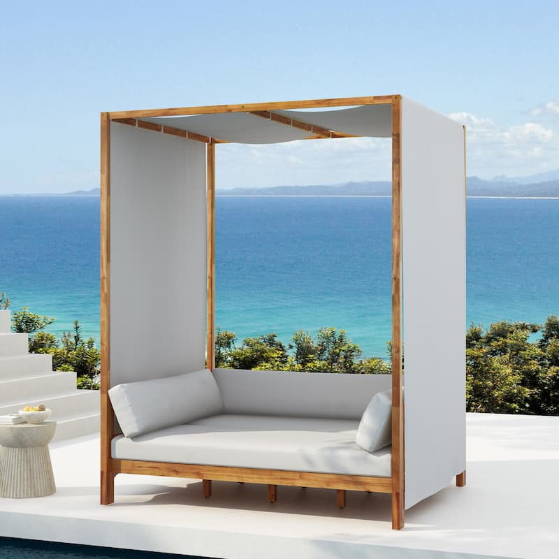 Scott Living Outdoor Acacia Wood Daybed with Canopy and Curtains, Washable Cushions and Detachable Pillows - Grey,Light Brown