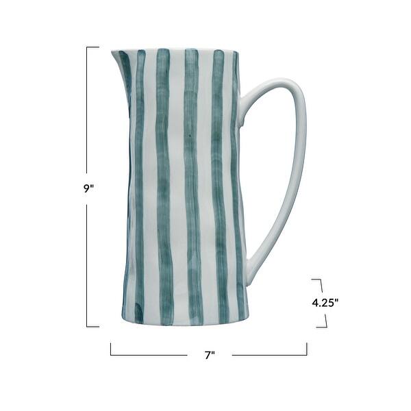 Hand-Painted Stoneware Pitcher with Stripes - 7.1"L x 4.4"W x 9.0"H
