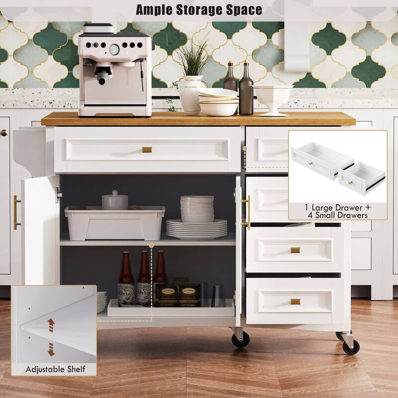 52" Kitchen Island with Drop Leaf, Embossed Texture Kitchen Island on Wheels with Spice Rack, Towel Rack, 2 Doors and 5 Drawers