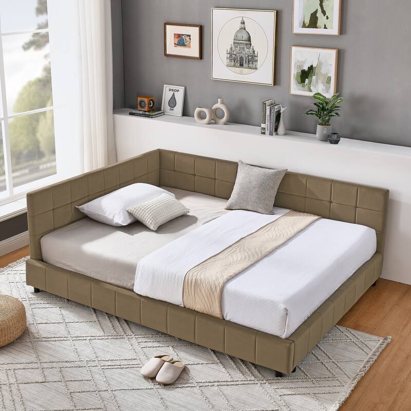L-shaped Velvet Upholstered Daybed Tufted Sofa Bed with Soft Backrest Armrests - and Optional Corner Storage Day Bed - Brown - Full