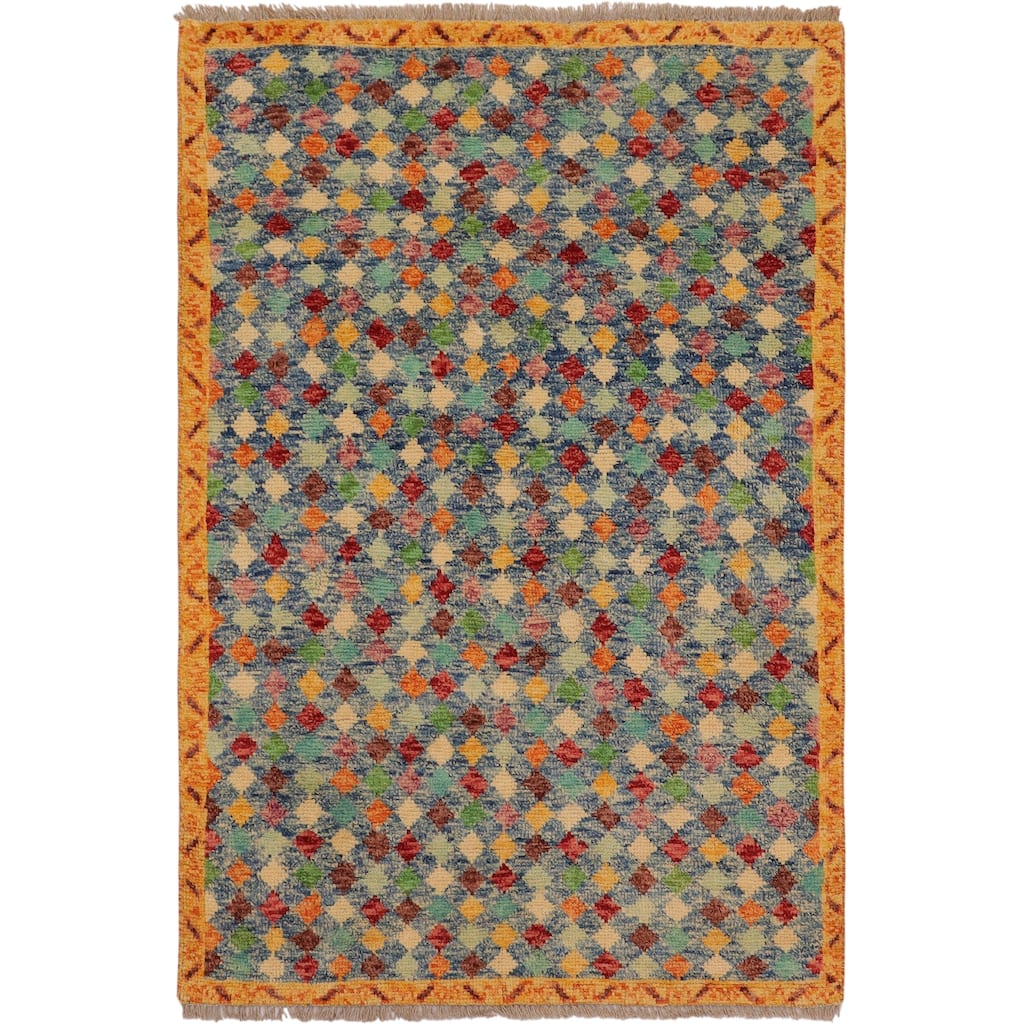 Modern Balochi Odom Blue/Gold Hand Knotted Wool Rug - 3'6'' x 4'10''