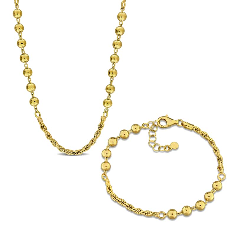 Miadora Sterling Silver Rope and Ball Chain Necklace and Bracelet Set - Yellow