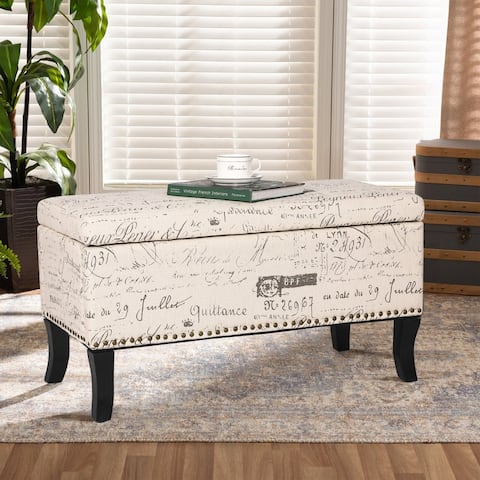 Adeco Storage Ottoman Script Printed Linen Fabric Assembly Required