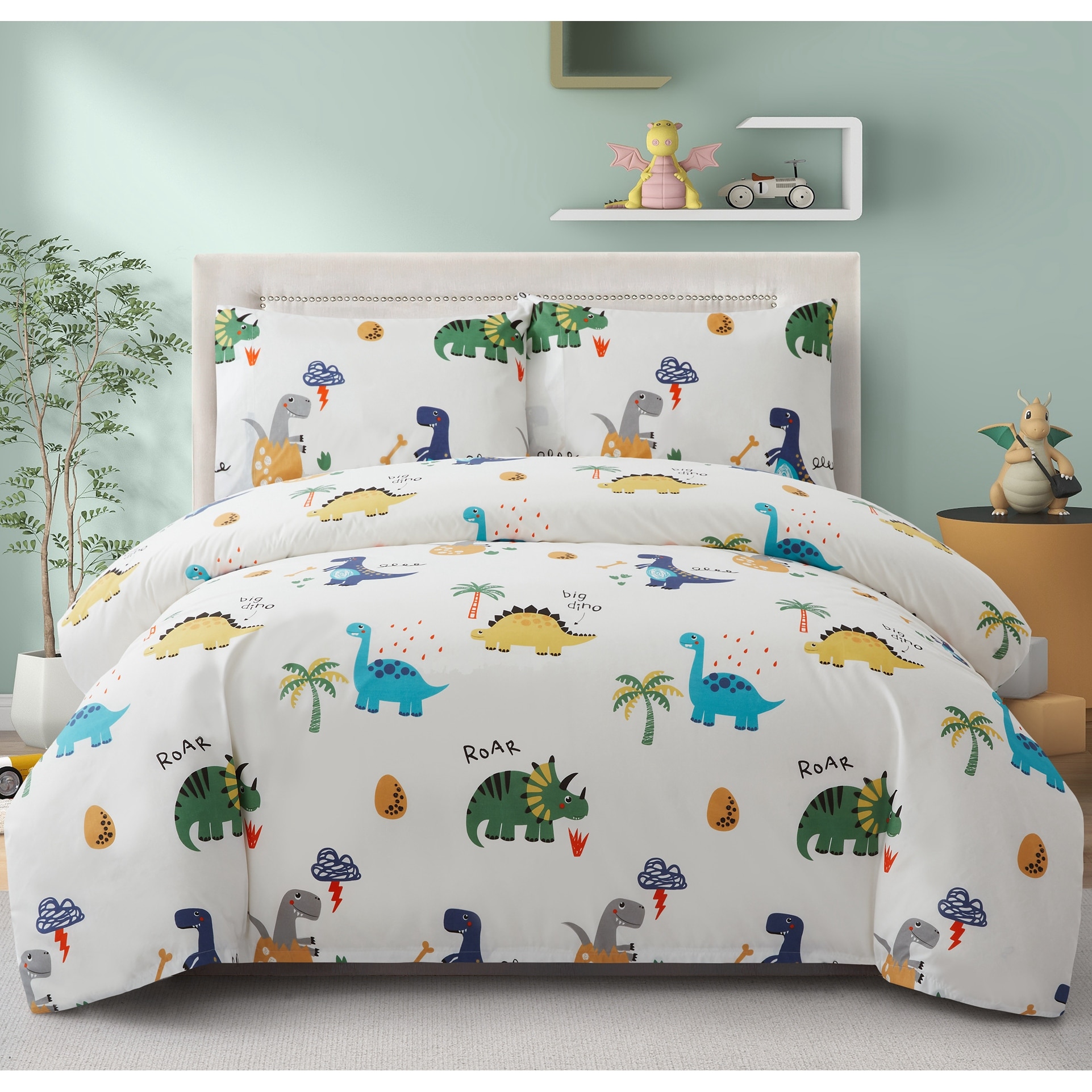 Kids Boys Printed 600 Thread Count Cotton Blend Percale Duvet Cover Set with Corner Tie and Zipper Cartoon Dinosaur Zoo Dino
