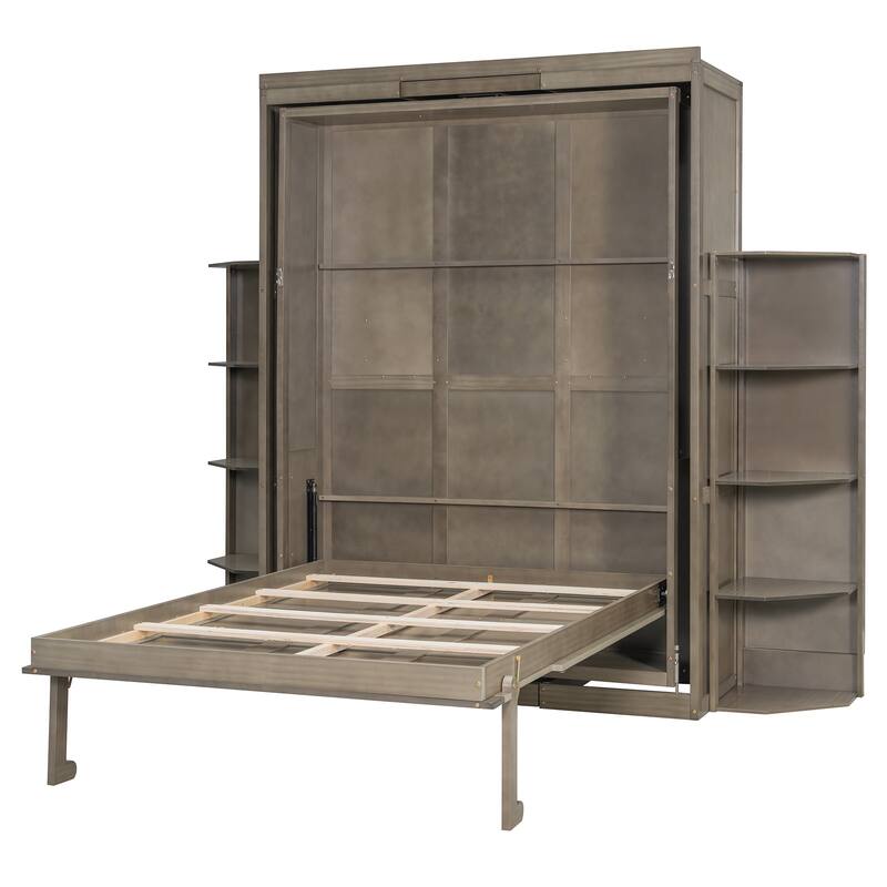 Rotating Queen Size Murphy Bed Foldable Bed Frame with Hidden Wall Cabinet, Side Shelves, Convertible Desk and Bookshelves