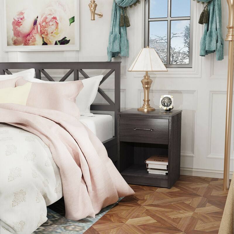 Gymax 2PCS Nightstand with Drawer Storage Shelf Wooden End Side Table