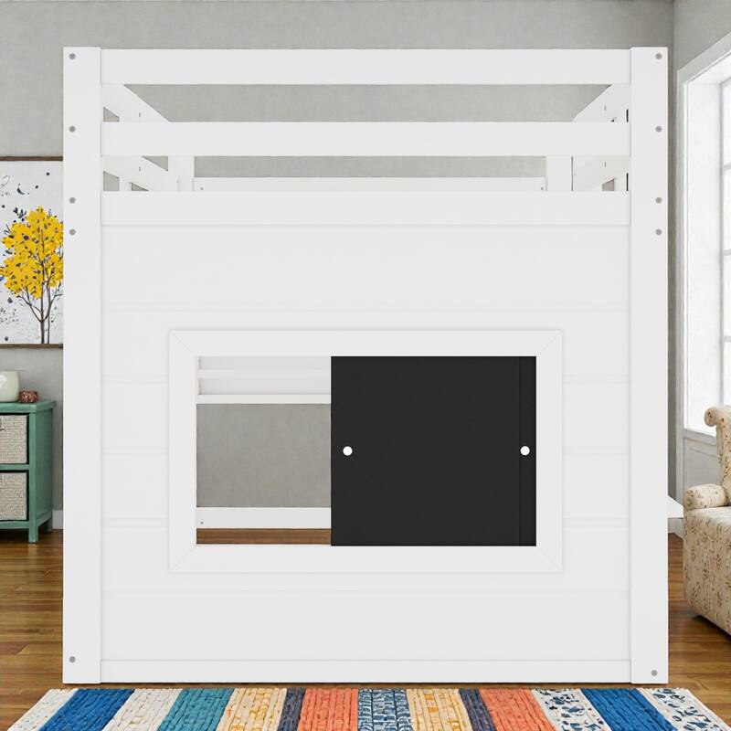 Twin/Full Loft Bed with Sliding Chalkboard, Built-in Bookshelf, Solid Wood Frame & Safety Guardrails, Kids Playhouse Bed