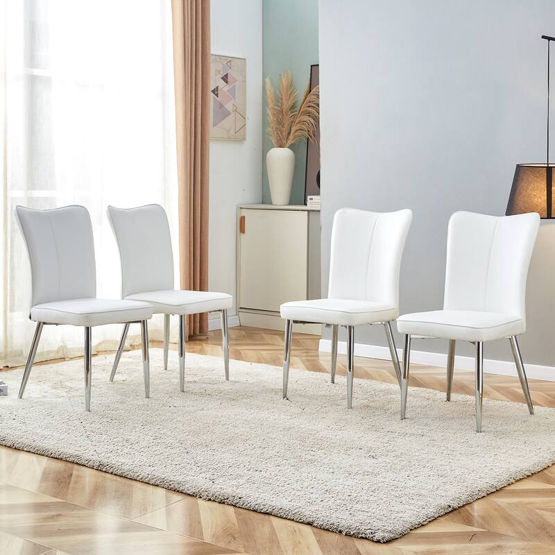 Modern Minimalist PU Leather Dining Chairs with/ Curved Backrest & Seat Cushions & Electroplated Metal Chair Legs - Set of 4 - White