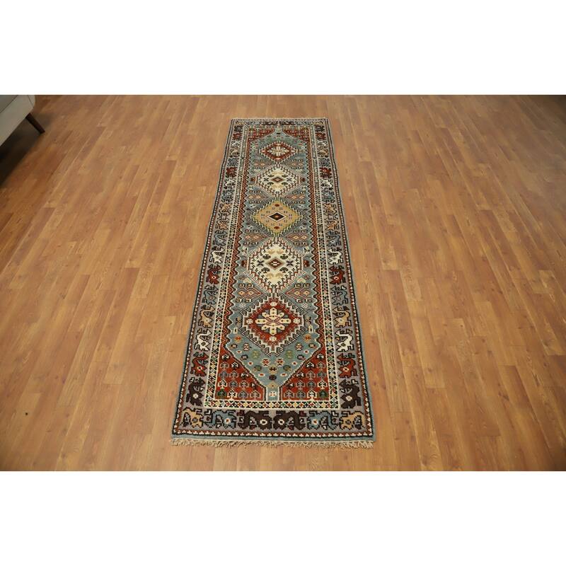Hand Knotted Oriental 100% Wool Carpet Traditional Geometric Navy Blue & Blues Viss Runner Rug - 8' 0'' X 2' 7''
