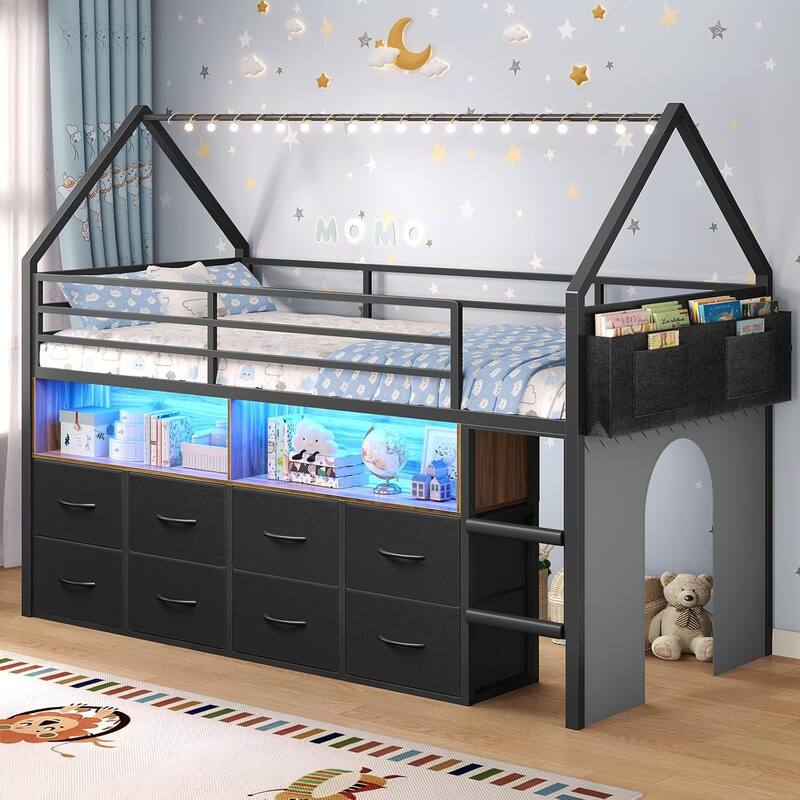 House Low Loft Bed Twin Size Storage Drawers Bookcase LED Lights - Black -  8 Storage Drawers