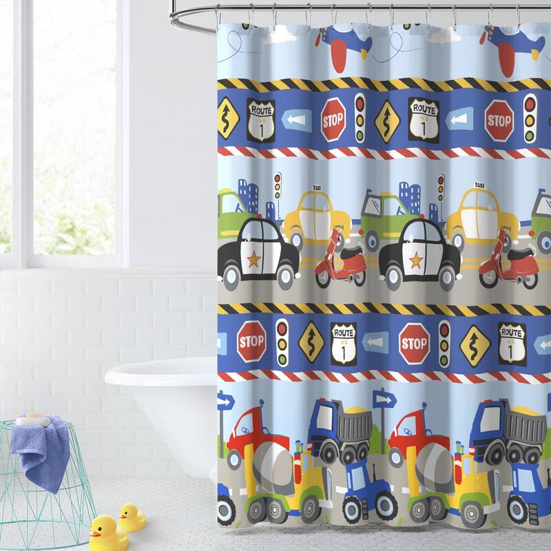 Dream Factory Kids' 72-inch Fabric Shower Curtain - Blue Trucks and Tractors
