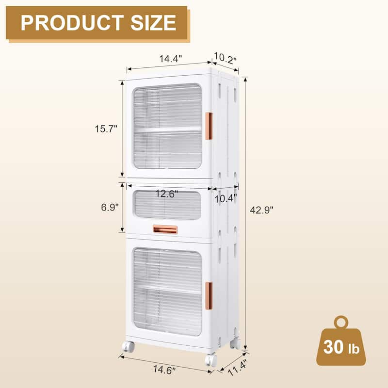 Javlergo White 5-Tier Tall Storage Cabinet with Wheels Adjustable Shelves Transparent Magnetic Doors & Drawer for Home