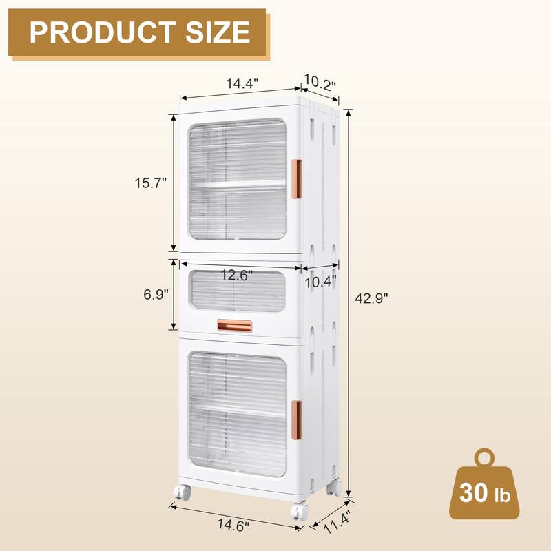 VECELO White Storage Cabinet Modular Organizer with 2 Adjustable Shelves 1 Drawer & Wheels Magnetic Transparent Doors for Closet