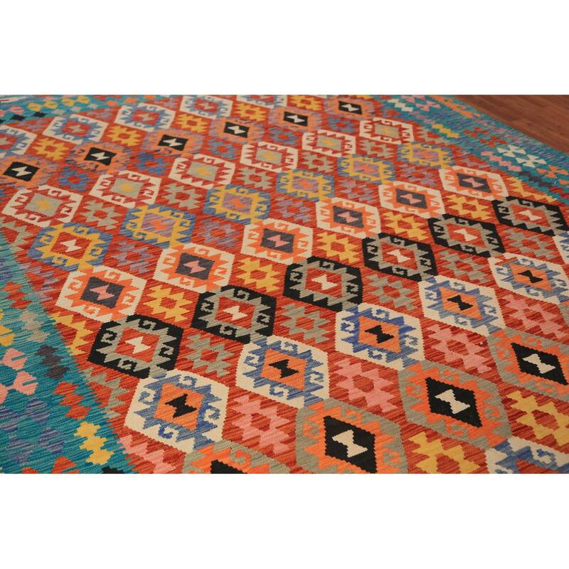 Geometric Kilim Reversible Rug Hand-Woven Wool Carpet - 8'5"x 11'2"