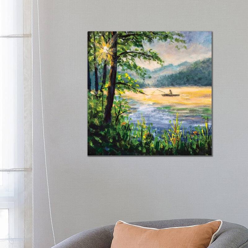iCanvas "Fishing Painting. Fisherman In Boat In Beautiful Morning Lake." by Valery Rybakow Canvas Print - 26x26x1.5