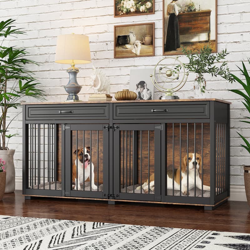 Furniture Style Double Dog Crate with Drawers, 64.6" Wooden Pet Kennel End Table, Removable Divider, Heavy Duty Metal Bars