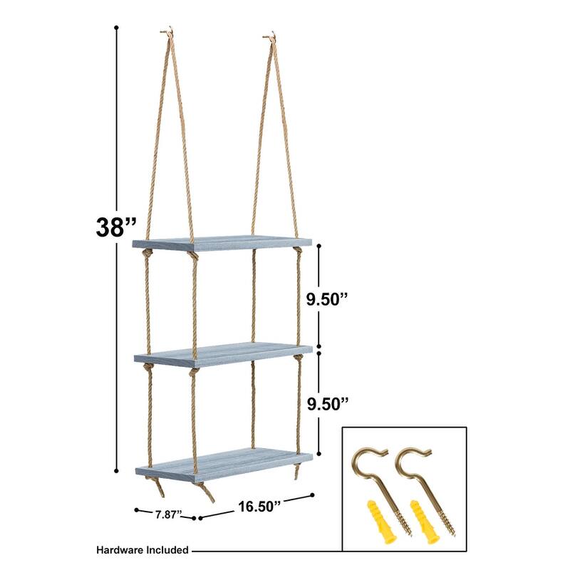 Wood Hanging Shelf 3-Tier Rustic Swing Storage Shelves Organizer Rack - 16.50" L x 7.87" W x 38" H