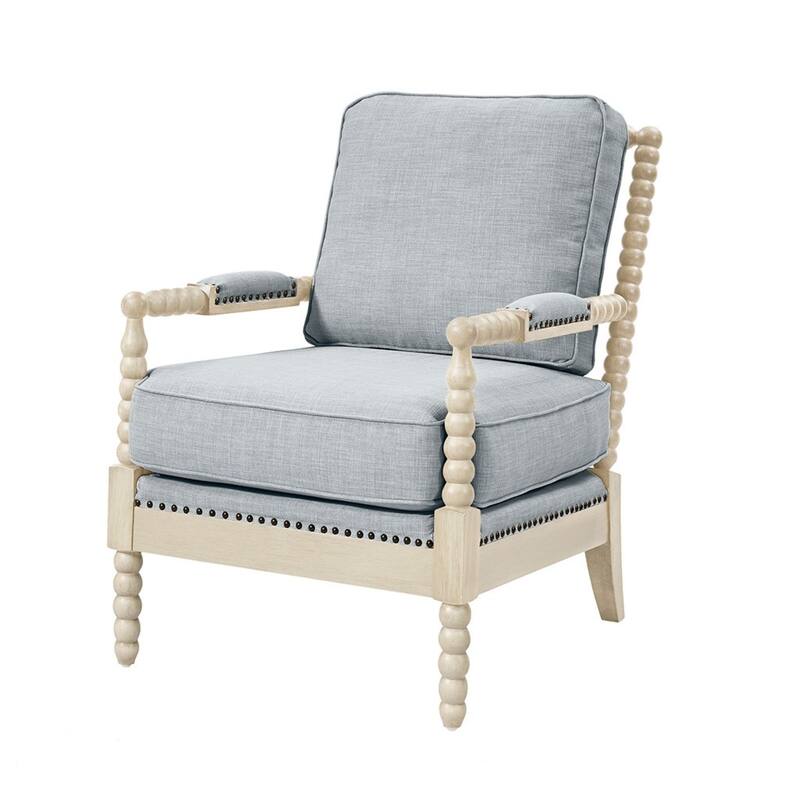Roomfitters Upholstered Spindle Accent Chair, Transitional Turned-Wood Armchair with Bronze Nailheads, Roomfitters, Ivory & Grey - Ivory+Grey