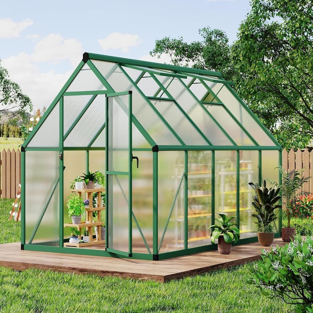 6 x 9 FT Walk-in Outdoor Greenhouse with Lockable Door for Garden Planting, Green