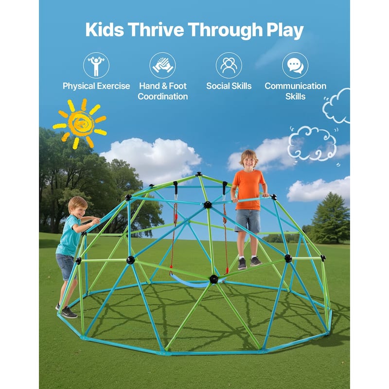 10 Feet Kids Climbing Dome Jungle Gym with Swing and Hammock Outdoor Playground for 3-10 Years - 120 x 120 x 60 in