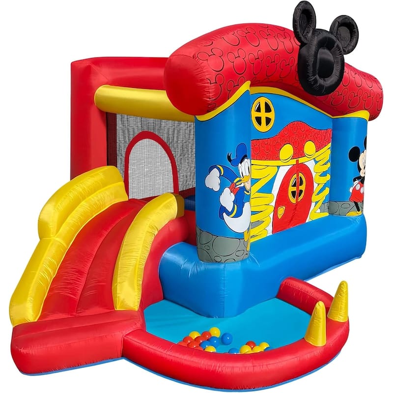 Disney Mickey Mouse Bounce House with Slide, Indoor Outdoor Inflatable Bouncy Castle Funhouse Ball Pit for Kids Ages 3-8