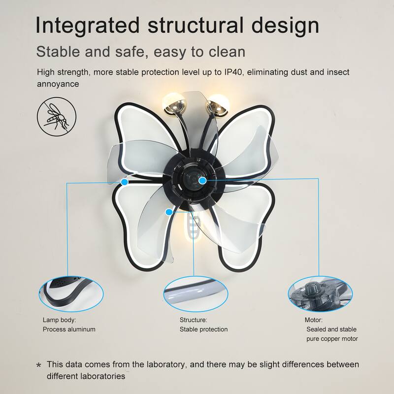 Modern Ceiling Fan Light with Light and Butterfly Design, DC Reversible Motor for Bedroom and Living Room - Black