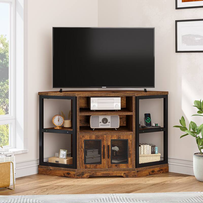 Farmhouse Corner TV Stand Entertainment Center Media Console for TVs up to 55" with Power Outlet - Brown