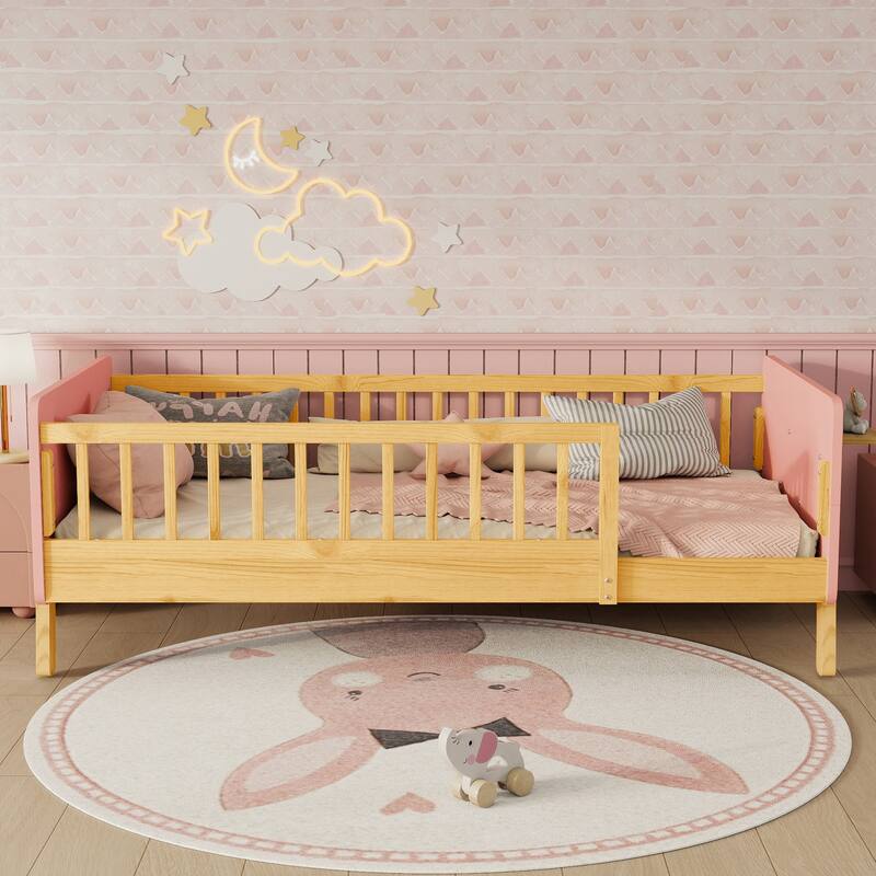 Kids Wood Platform Bed with Guardrails, Bottle Holder and 2 Hanging Rod, Convertible Toddler Daybed, Low Profile Design Frame