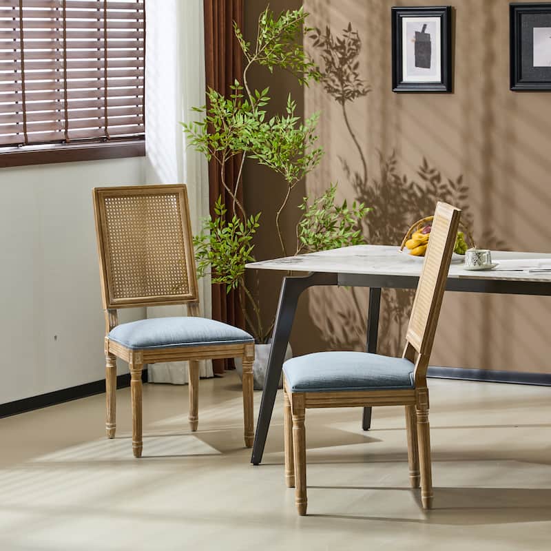 [Set of 2] French Country Dining Chairs - Elegant Cane Backrest & Upholstered Seats with Fluted Legs- Solid Rubberwood Frame - Slate Blue