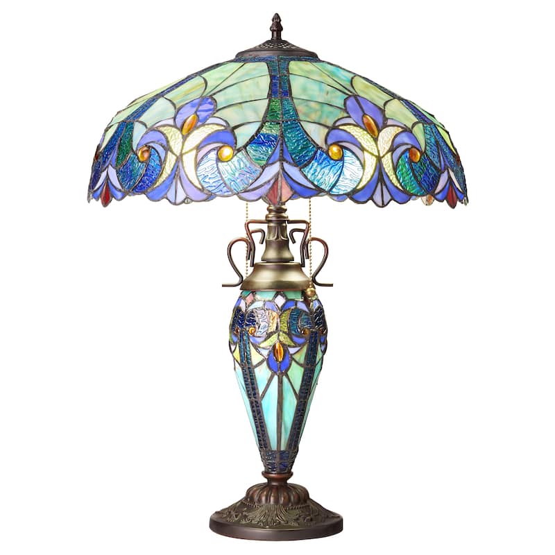 Halston River of Goods Double Lit Stained Glass 24.5-Inch Table Lamp - 18" x 18" x 24.5" - Blue/Green/Aqua/Amber/Bronze - 18"  x 18"  x 24.5"