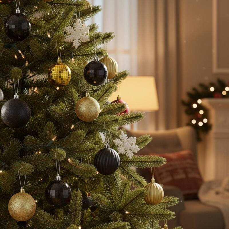 100ct Black and Gold Shatterproof 3-Finish Christmas Ornaments 2.5"