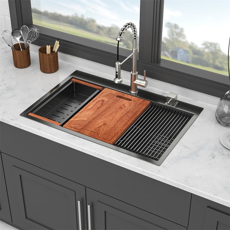 33" Drop in Kitchen Sink,Gunmetal Kitchen Sink Topmount Single Bowl