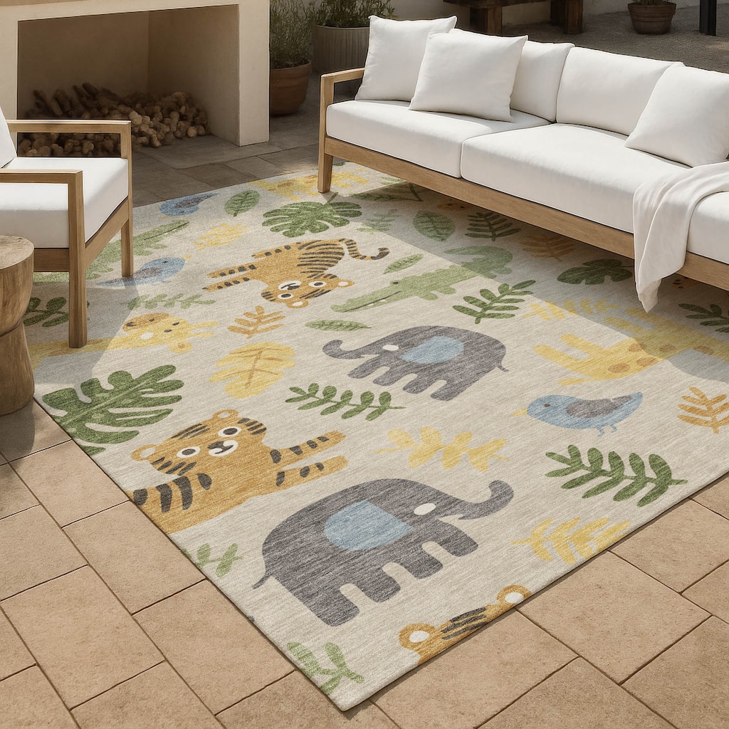 Machine Washable Indoor/ Outdoor Whimsy Safari Animals Chantille Rug
