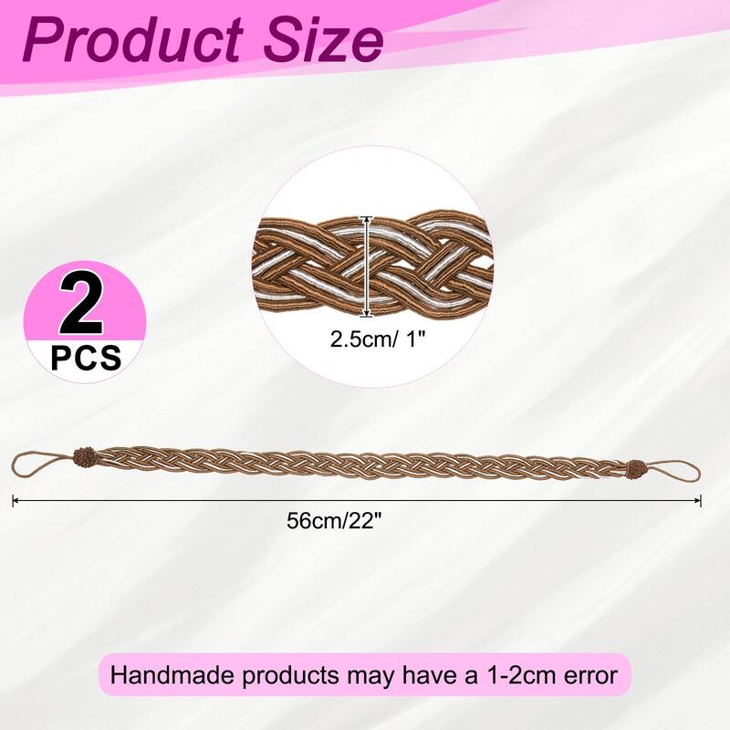 2 Pcs Curtain Tiebacks, Braided Drapery Holdback - Brown - 56cm/22"