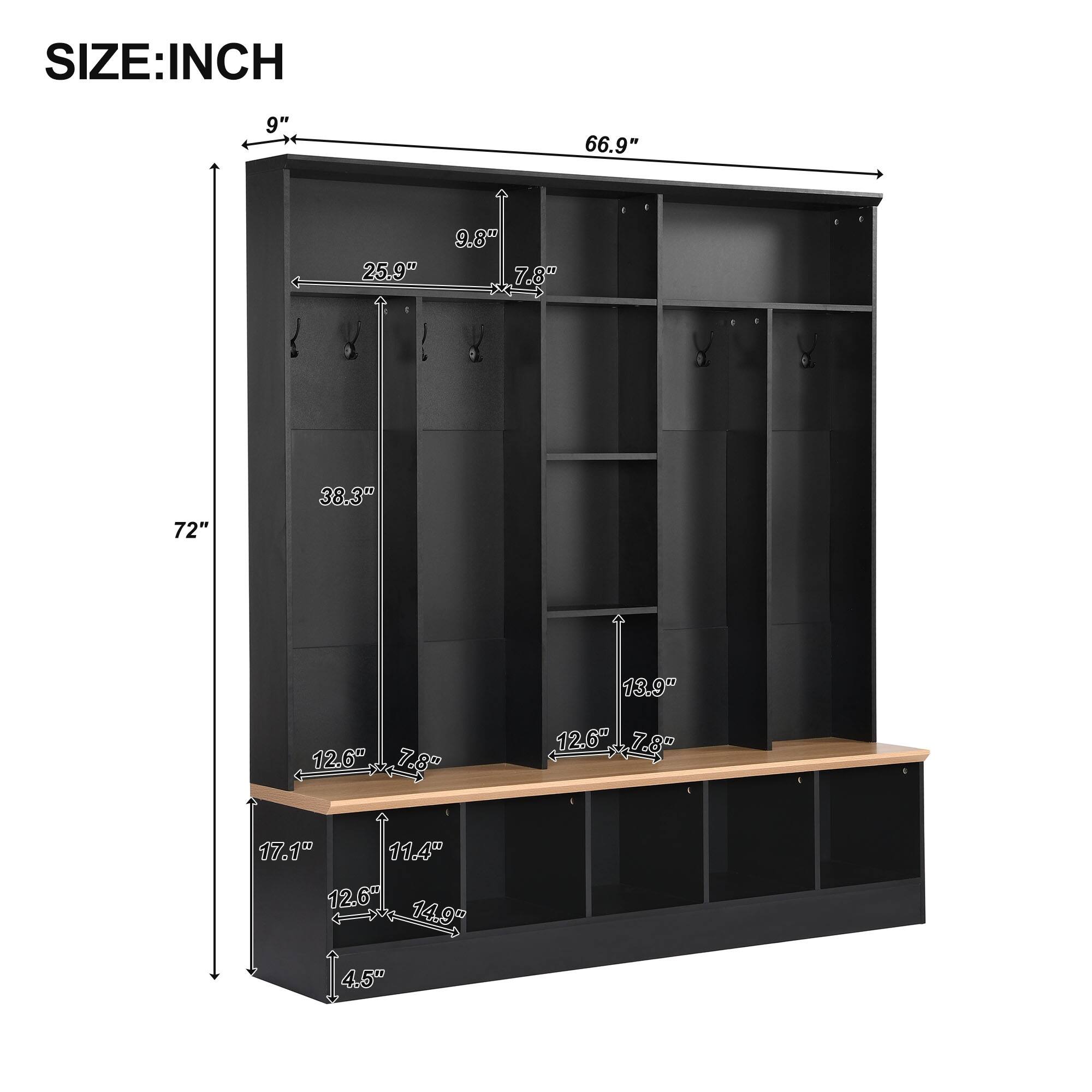 Black Wide Hall Tree Storage Bench with Shoe Cabinet for Mudroom ...