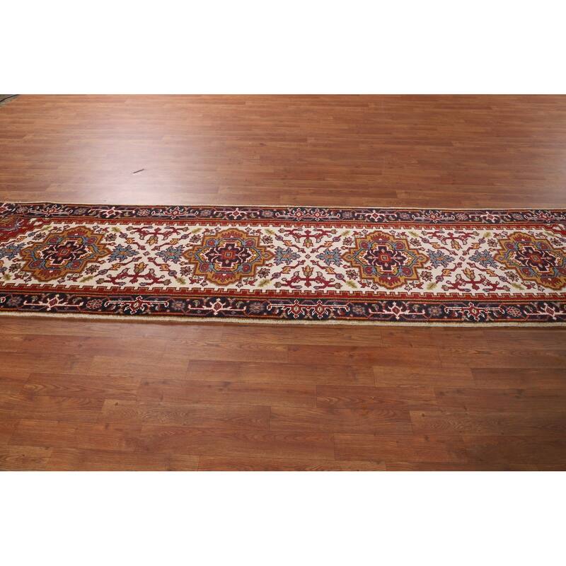 Ivory Geometric Heriz Serapi Oriental Runner Rug Handmade Wool Carpet - 2'7"x 10'10"