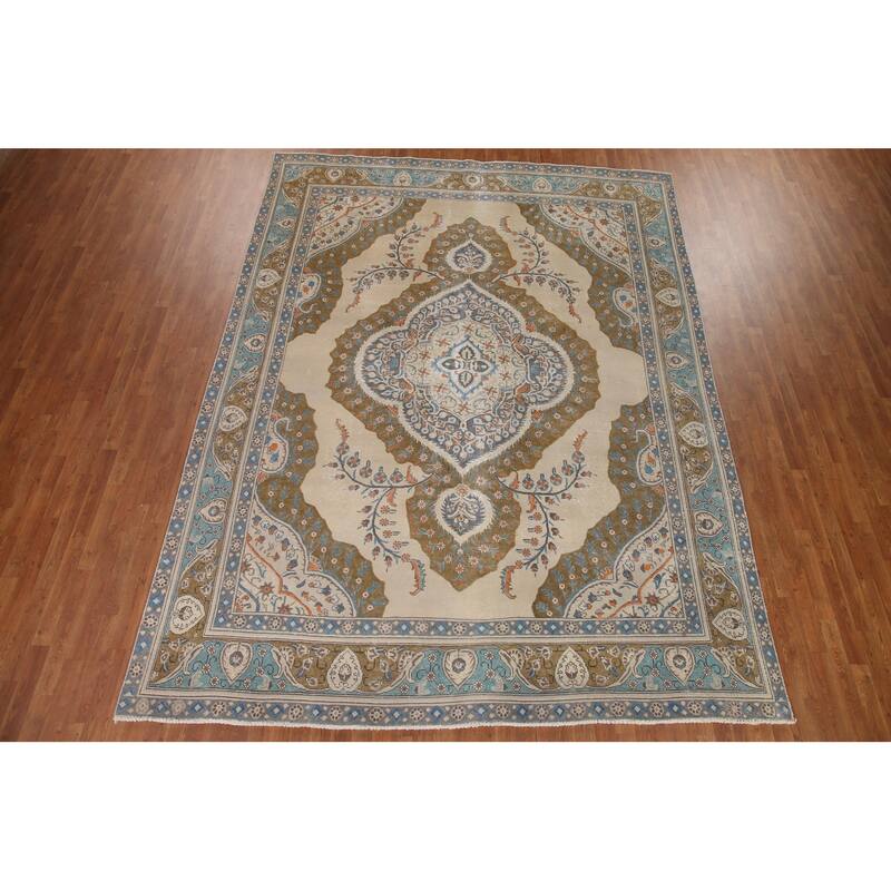 Hand Knotted Oriental 100% Wool Carpet Traditional Medallion Beige & Ivories Tabriz Area Rug - 12' 8'' X 9' 4''