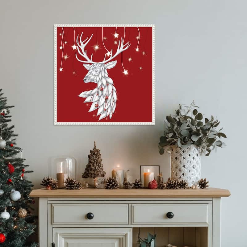 White Deer and Hanging Stars by Fab Funky (22 x 22 in.), Framed Canvas Wall Art Print - Sylvie Beaded White